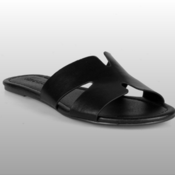 Shoes - Black Faux Leather Cut Out Sandals